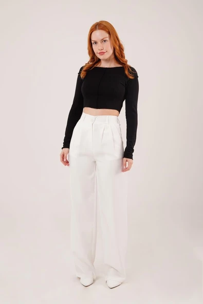 Bol Paça Piliseli Beyaz Pantolon ürün görseli 1