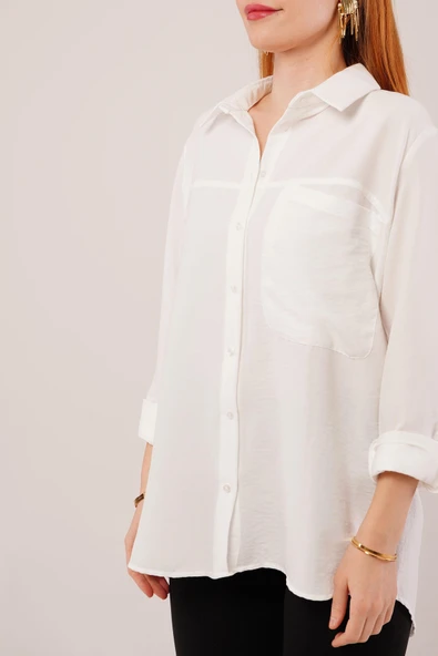 Salaş Kesim Cepli Beyaz Gömlek - Resim 4