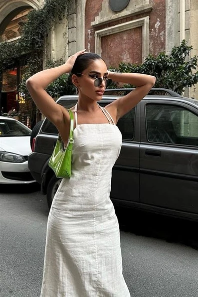 Trisha Sırt Dekolteli Keten Elbise 2496-20 ELBİSE - Resim 4