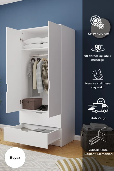 Lento 2 Kapaklı 1 Askılı 2 Çekmeceli Gardırop Beyaz
