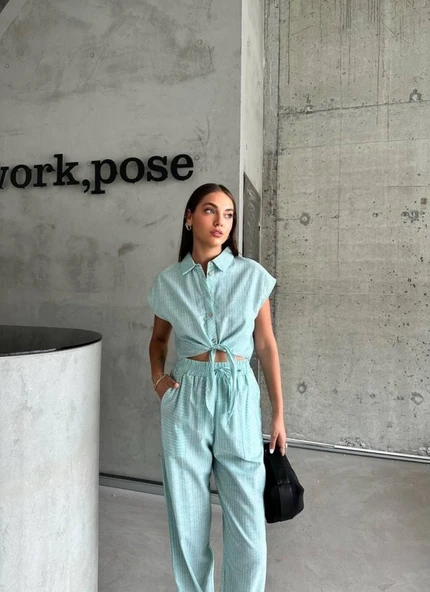 ÇİZGİLİ KETEN KOLSUZ CROP PANTOLON TAKIM - Yeşil ürün görseli 1