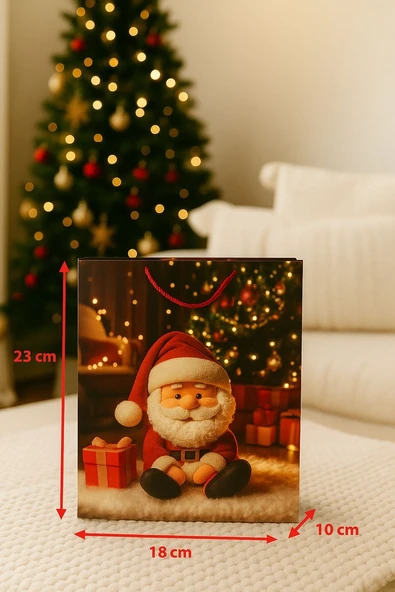 3 Boyutlu Küçük Noel Babalı Yılbaşı Temalı Hediye Paketi & Çanta & Poşet 23*18*10 cm - Resim 2