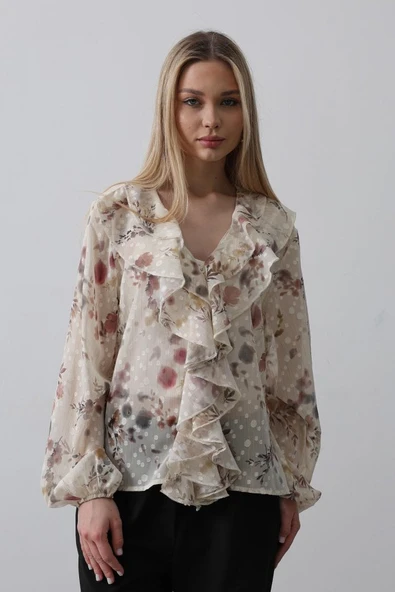 Volanlı Çiçek Desen Şifon Gömlek - Krem - Resim 2