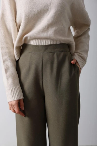 Beli Yarım Lastikli Palazzo Pantolon - Haki - Resim 4