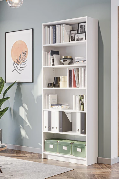 Bili Kitaplık 5 Raflı Geniş Çok Amaçlı Ofis Salon Kitap Dosya Rafı Beyaz - 3