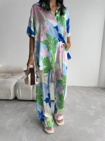 YEŞİL BÜYÜK ÇİÇEK DESEN SATEN GÖMLEK-PANTOLON TAKIM - Yeşil - Resim 2