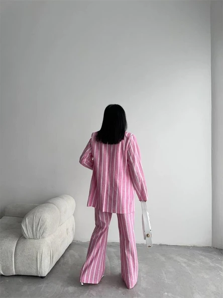 ÇİZGİLİ KETEN YELEK-PANTOLON TAKIM - Pembe - Resim 2