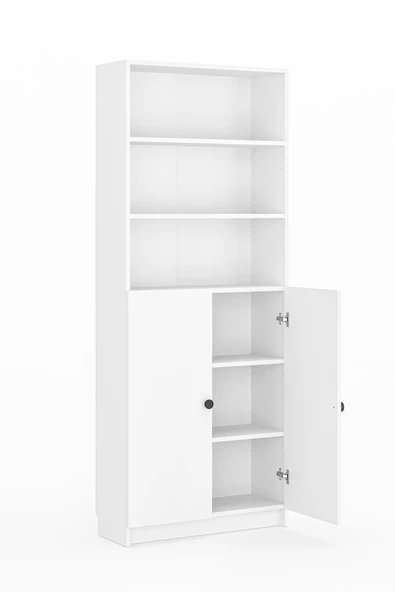 Bili Kitaplık 5 Raflı 2 Kapaklı Çok Amaçlı Ofis Salon Kitap Dosya Rafı Beyaz - 4