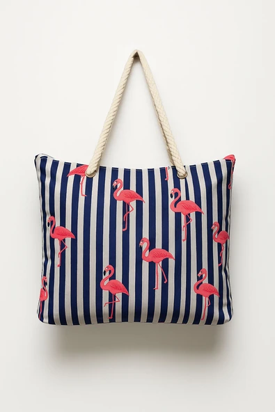 B.Y. Trend Kadın Plaj Çantası Flamingo Desen Lacivert 1102 ürün görseli 1