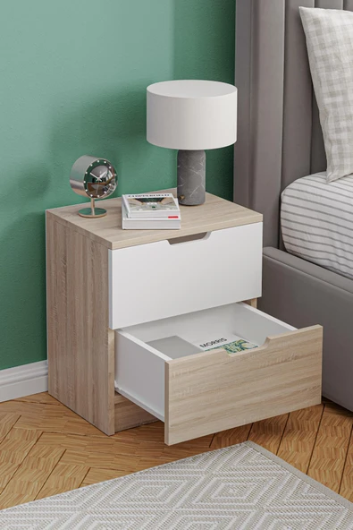 Lento 2 Çekmeceli Komodin Yatak Odası Bebek Odası Beyaz Meşe - 4