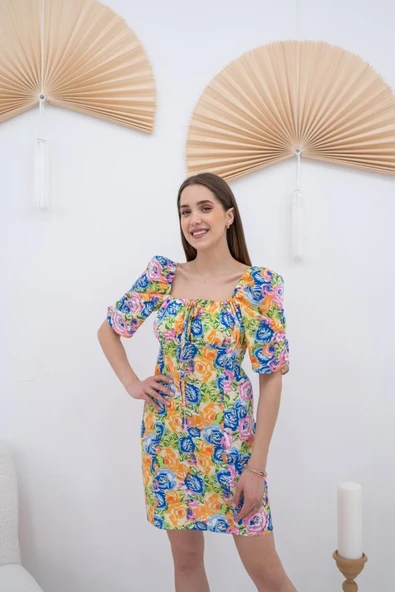 Desenli Boyundan Bağlamalı Desenli Elbise - Resim 3