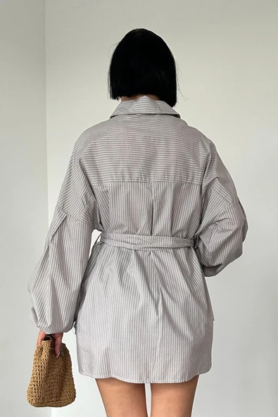 Kahverengi Çizgili Poplin Kuşaklı Gömlek - Resim 2