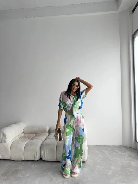 YEŞİL BÜYÜK ÇİÇEK DESEN SATEN GÖMLEK-PANTOLON TAKIM - Yeşil - Resim 4