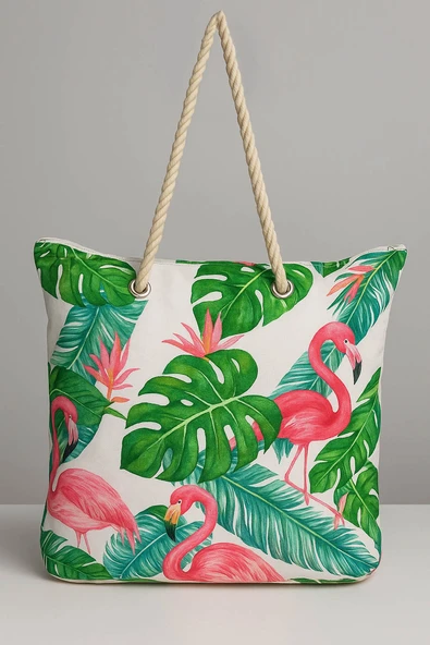 B.Y. Trend Kadın Plaj Çantası Flamingo Desen Yeşil 1102 ürün görseli 1