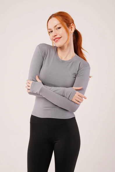 Uzun Kollu Basic Gri Bluz - Resim 3