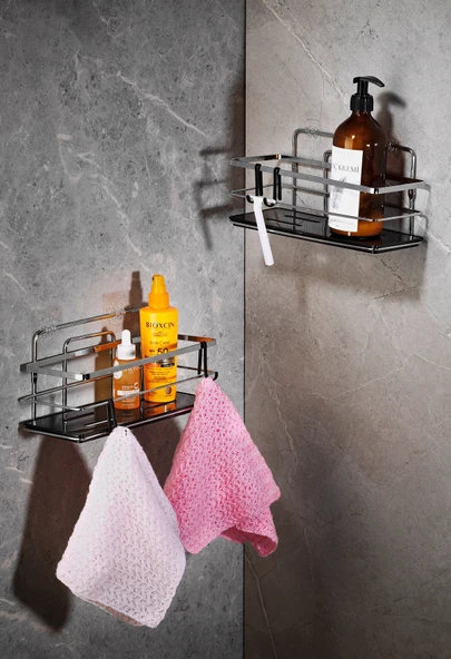 2’li Yapışkanlı Ayarlanabilir Banyo Rafı – Paslanmaz Metal Kristal Şampuanlık, (Yapıştır/Vidala) Krom-Siyah - LŞ-01 -KS - Resim 5