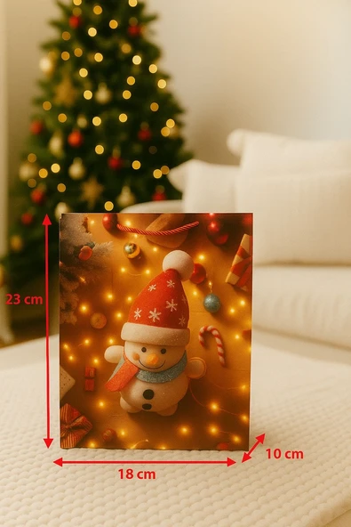 3 Boyutlu Küçük Kardan Adam Yılbaşı Temalı Hediye Paketi & Çanta & Poşet 23*18*10 cm - Resim 3