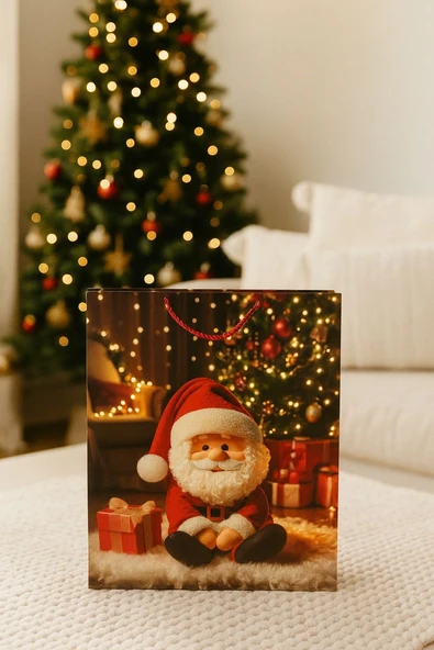 3 Boyutlu Küçük Noel Babalı Yılbaşı Temalı Hediye Paketi & Çanta & Poşet 23*18*10 cm ürün görseli