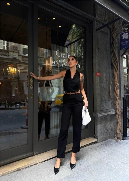 KETEN DUBLE PAÇA DERİ TABA KEMERLİ PANTOLON - Siyah - Resim 2