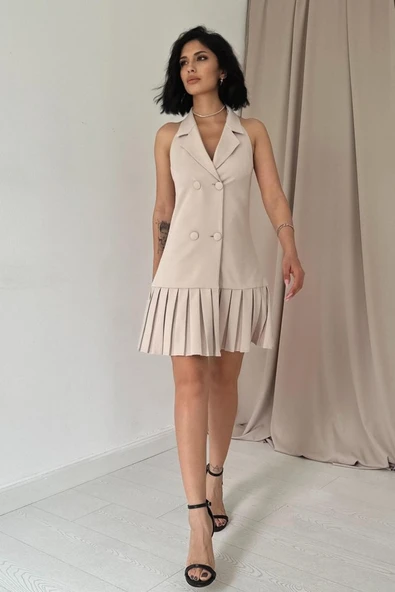Bej Sırtı Açık Ceket Yakalı Elbise ürün görseli 1