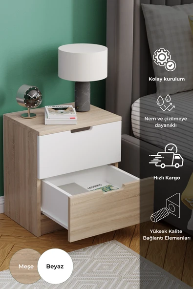 Lento 2 Çekmeceli Komodin Yatak Odası Bebek Odası Beyaz Meşe