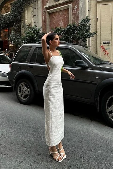 Trisha Sırt Dekolteli Keten Elbise 2496-20 ELBİSE - Resim 5