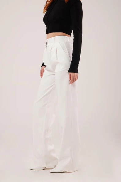 Bol Paça Piliseli Beyaz Pantolon - Resim 3
