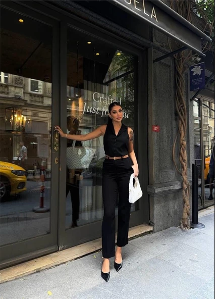 KETEN DUBLE PAÇA DERİ TABA KEMERLİ PANTOLON - Siyah - Resim 3