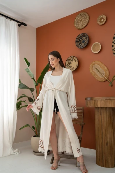 Kahverengi Baskı Detay Keten Hırka ürün görseli 1