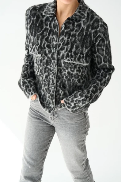 Leopar Desen Jakarlı Hırka - Siyah-Açık Gri - Resim 3