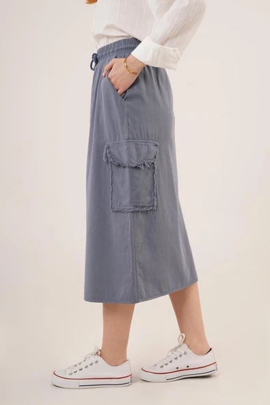 Ön Yırtmaçlı Cep Detaylı İndigo Etek - Resim 3