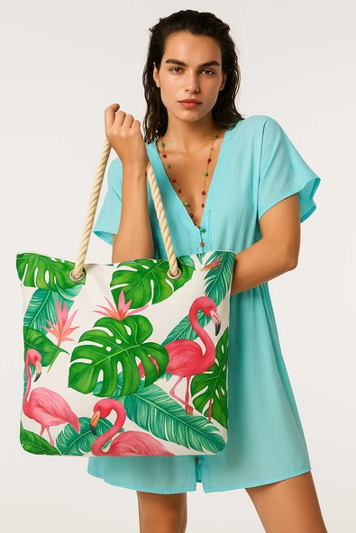 B.Y. Trend Kadın Plaj Çantası Flamingo Desen Yeşil 1102 - Resim 2