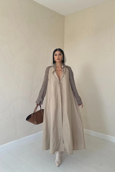 Taba Kapüşonlu Uzun Trençkot - Resim 2