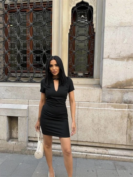 POLO YAKA YAKA KEMER DETAYLI KALEM ELBİSE - Siyah - Resim 3