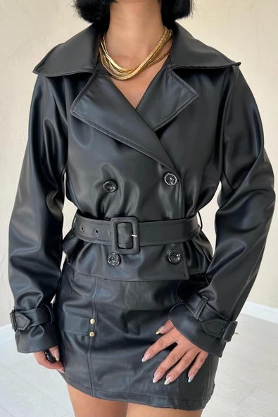 Siyah Kemerli Deri Ceket - Resim 4