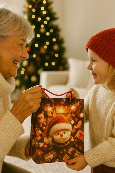 3 Boyutlu Küçük Noel Babalı Yılbaşı Temalı Hediye Paketi & Çanta & Poşet 23*18*10 cm ürün görseli