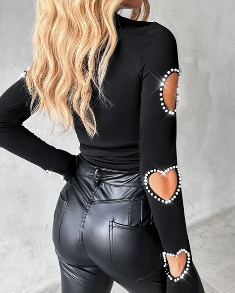 Lucky Life Kadın Uzun Kollu Yarı Balıkçı Yaka Pencere Detaylı Kolları Kalp Desen Taşlı Viskon Bluz - Resim 4