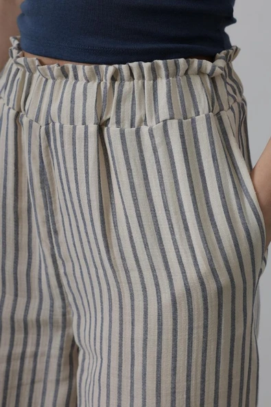 Çizgili Pamuklu Lastikli Pantolon - Bej-Lacivert - Resim 4