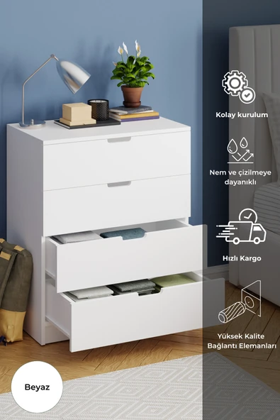 Lento 4 Çekmeceli Şifonyer Yatak Odası Bebek Odası Beyaz