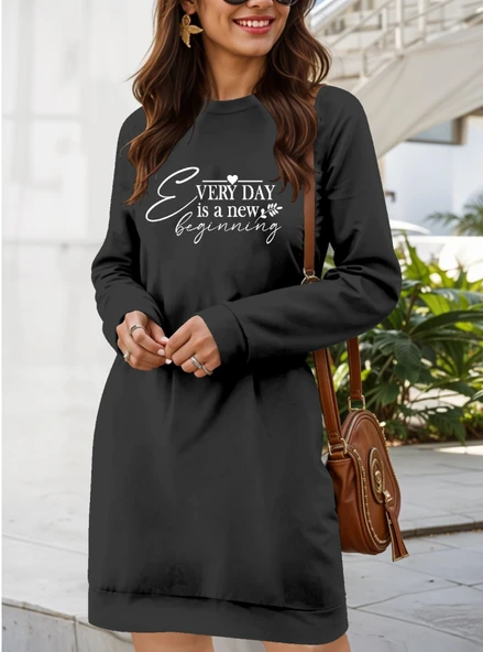 Lucky Life Kadın Uzun Kollu Bisiklet Yaka Kısa Viskon Iki Iplik Elbise - Resim 2