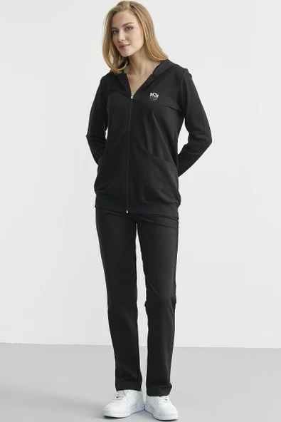 Oversize Kapüşonlu Fermuarlı Eşofman Takım - Siyah - Resim 5