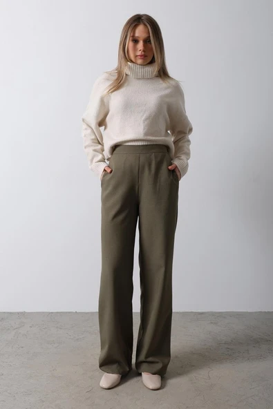 Beli Yarım Lastikli Palazzo Pantolon - Haki - Resim 2