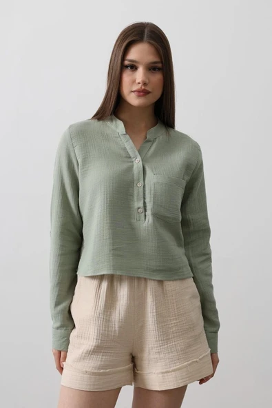 Cepli Hakim Yaka Bluz - Haki ürün görseli 1