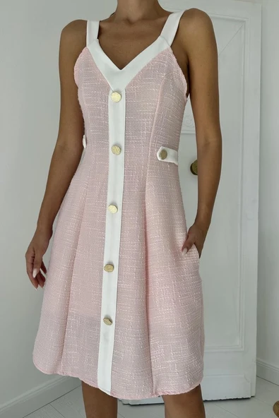 Pudra Ekru Süs Cepli Askılı Elbise - Resim 3