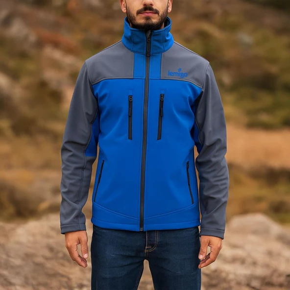 Su ve Rüzgar Geçirmez Softshell Mont - Lemigo - Mavi-Gri ürün görseli