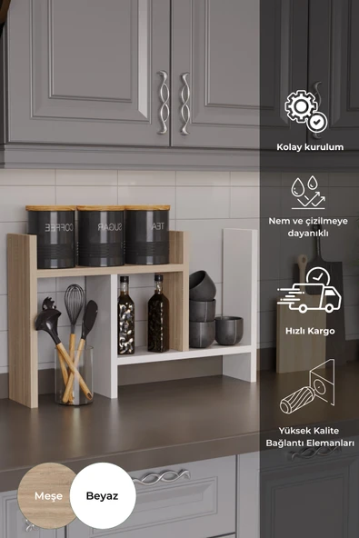 Lidya Çok Amaçlı Raf Mutfak Tezgah Üstü Organizer Banyo Mutfak Düzenleyici Beyaz Meşe ürün görseli