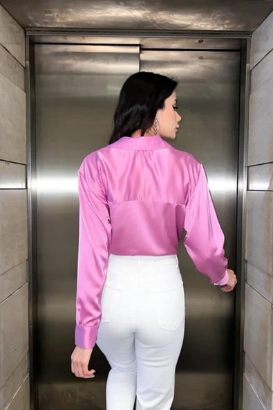 Pembe Saten Gömlek - Resim 3