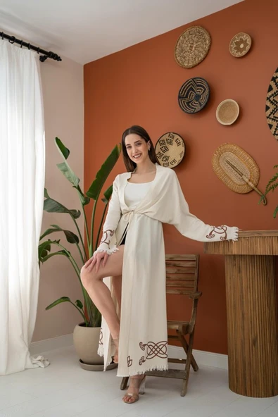 Kahverengi Baskı Detay Keten Hırka - Resim 2