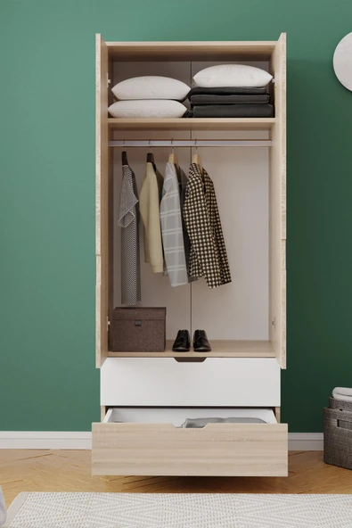 Lento 2 Kapaklı 1 Askılı 2 Çekmeceli Gardırop Beyaz Meşe - 6