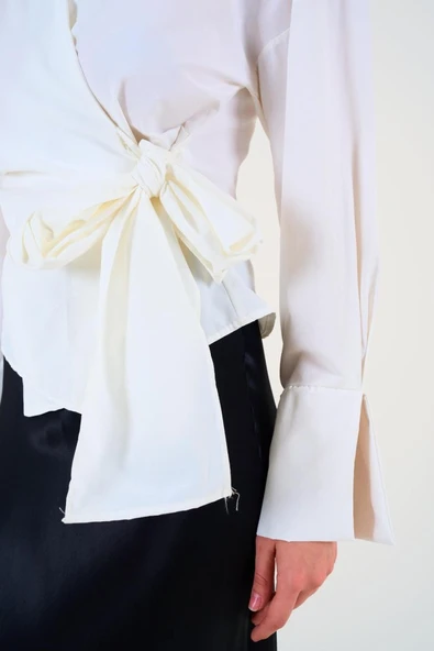 Düz Yandan Bağlamalı Gömlek - Ekru - Resim 4